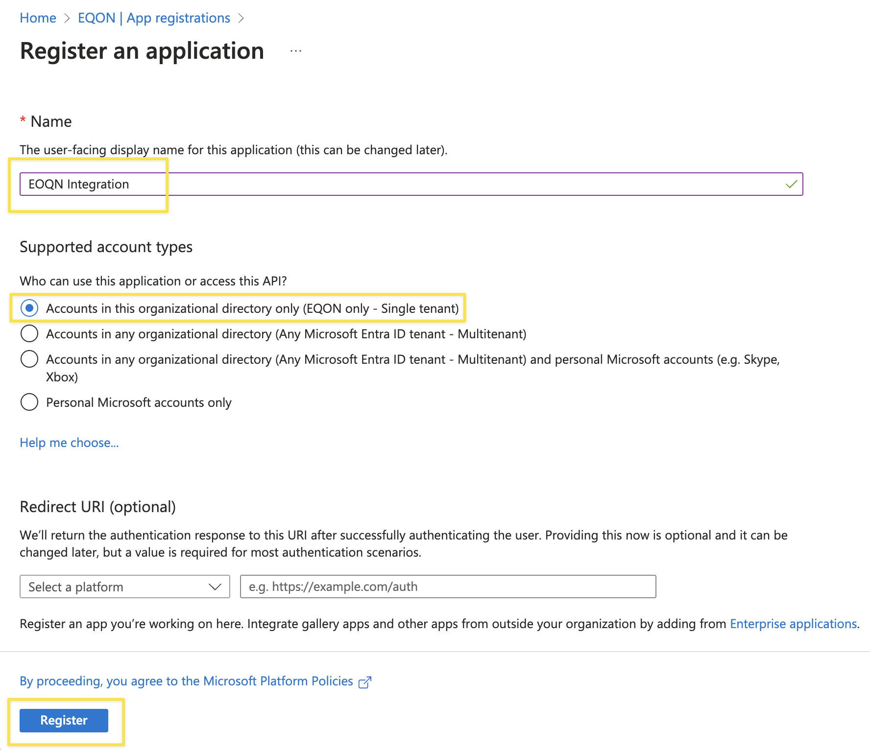 new app registration